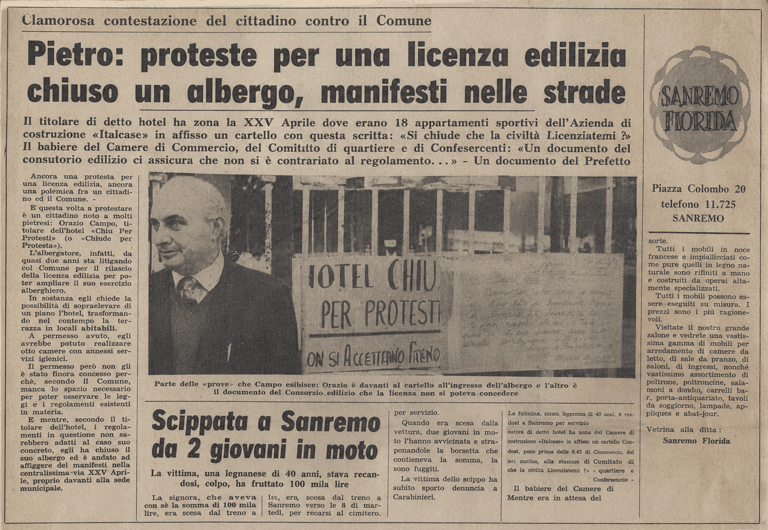Newspaper report on Orazio Campo closing Park Hotel in protest, 1973