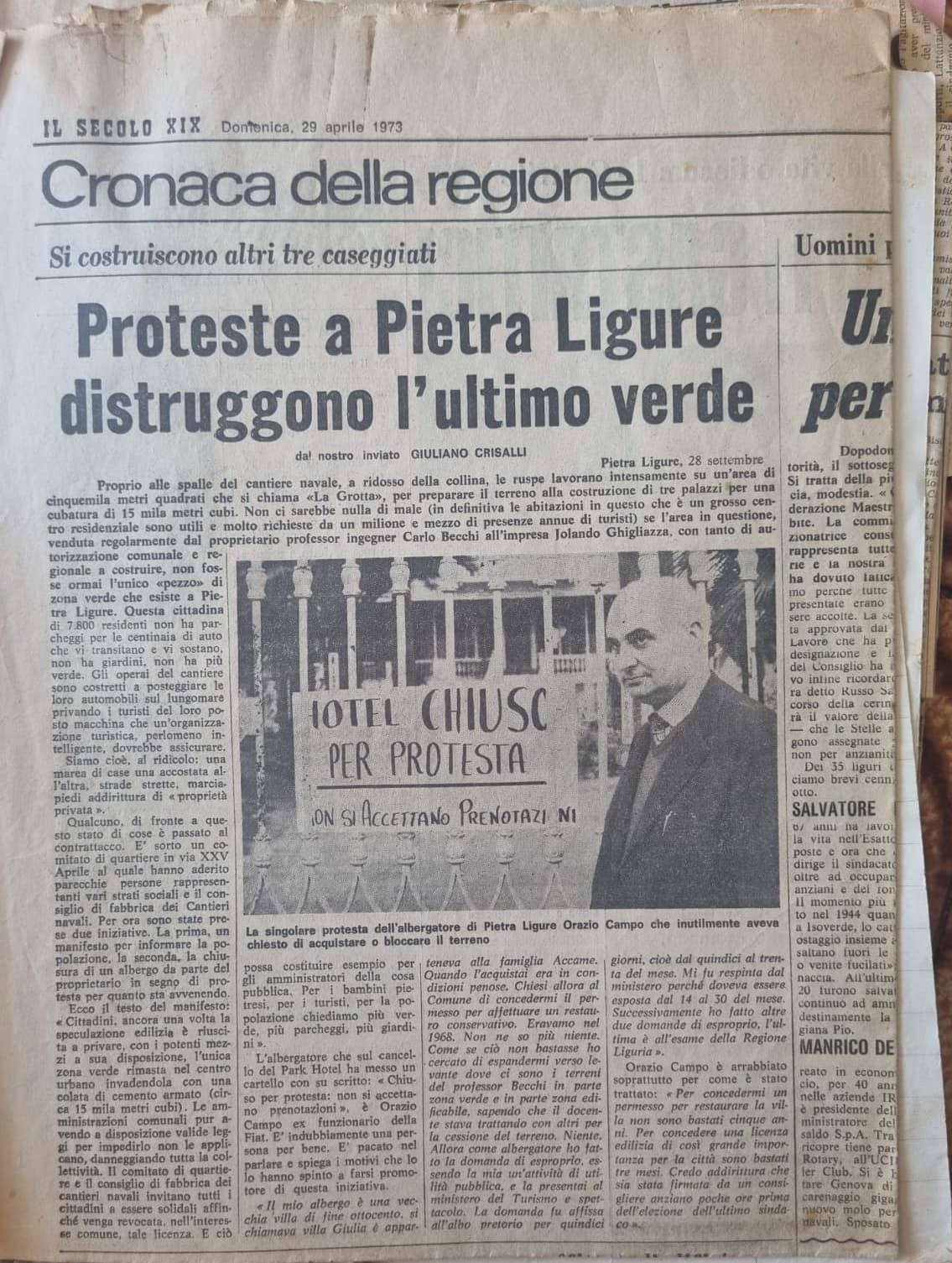 Il Secolo XIX — protests in Pietra Ligure over the last green space, April 1973