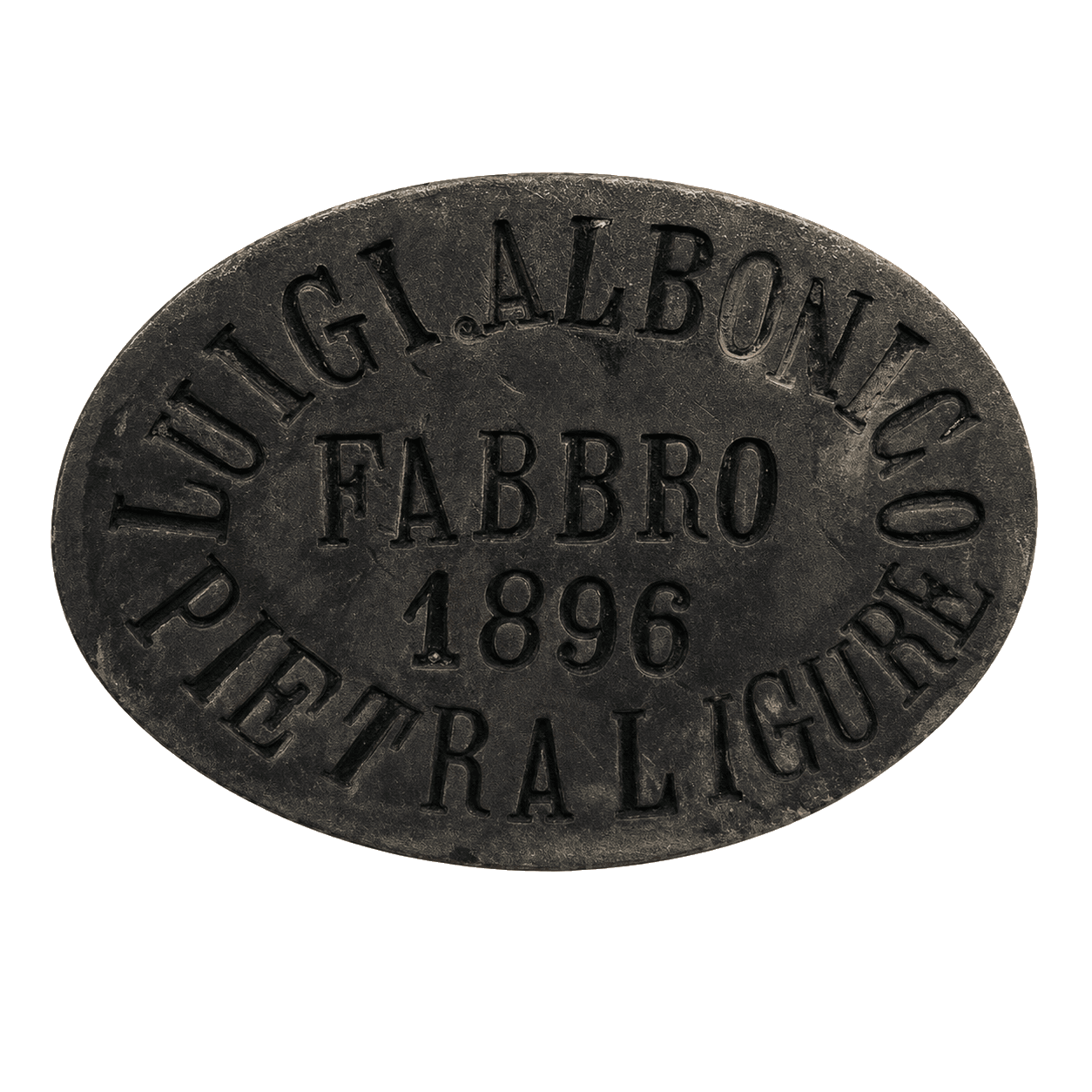 Gate maker's mark: Luigi Albonico, Fabbro, 1896, Pietra Ligure