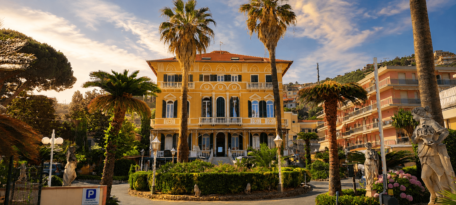 Villa Campo, a historic villa surrounded by palms and Mediterranean gardens in Pietra Ligure